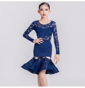 Girls kids navy lace ballroom latin dance dresses children long sleeves salsa rumba ballroom latin stage performance costumes for children